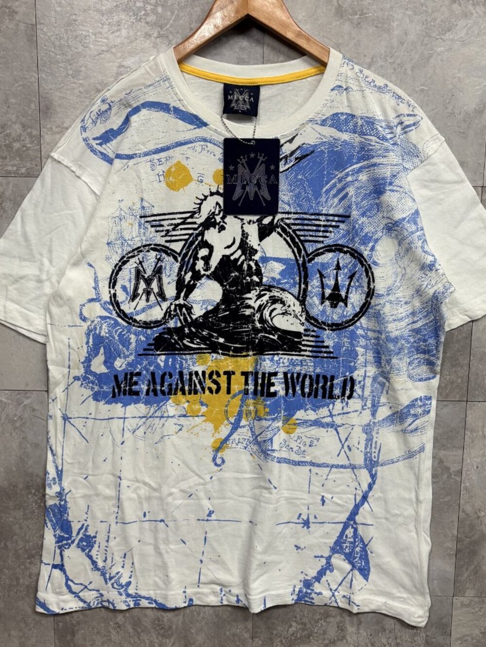 Mecca Me Against The World T Shirt Men's L White Blue Yellow NWT Y2K Hip Hop